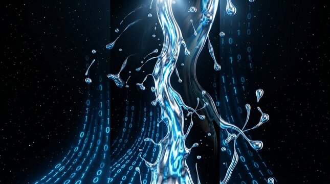 Binary code streams merge with a twisting column of liquid water in a dark digital environment.