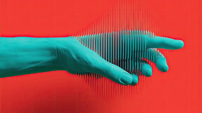 Teal hand reaching out, digitally distorted with vertical lines against red