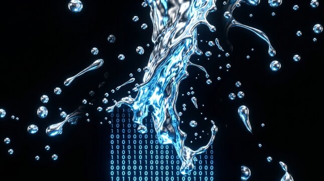 Water splash cascades over a glowing blue binary code matrix against a deep black background.