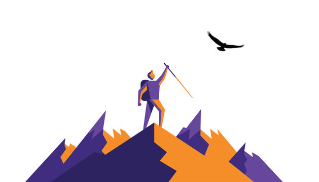 Hiker standing on a mountain peak with a walking stick and an eagle flying overhead, capturing the spirit of outdoor adventure, achievement, and mountain exploration.
