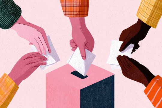 Diverse hands deposit ballots into a communal voting box