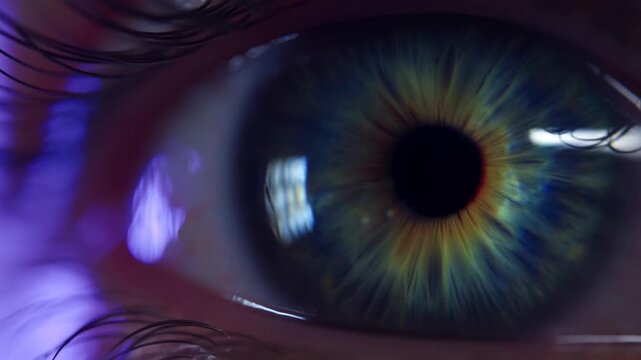 Captivating eye closeup with mesmerizing color changes and reflections