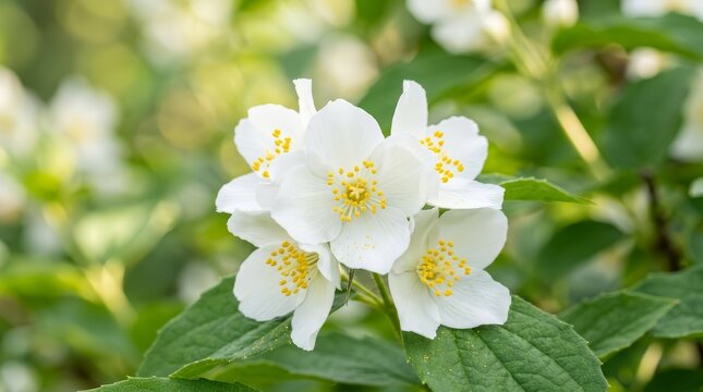 Delicate white sweet mock-orange flowers blooming in early summer garden.