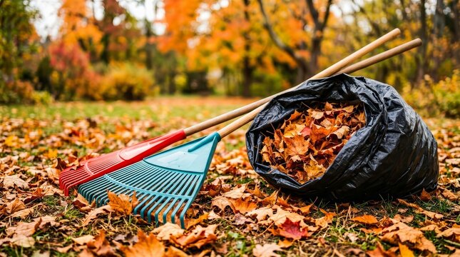 Close up of a rake and black bag filled with fallen leaves during autumn.