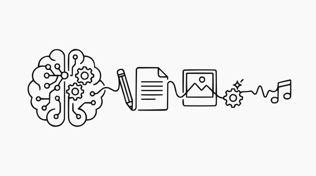 Brain to Creation: A linear illustration depicting the process of creativity, starting with a stylized brain and gears, leading to a pencil, paper, an image, and finally music notes.