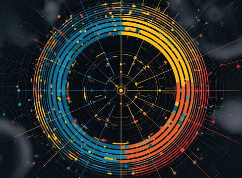 Circular abstract data visualization with radiating lines and dots