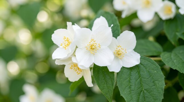 Delicate white sweet mock-orange flowers blooming in early summer garden.