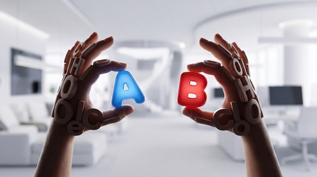 A/B Testing Concept: A close-up shot shows a person's hands, possibly augmented by technology, holding the letters A and B in a stark white, modern environment. This visual symbolizes choice.