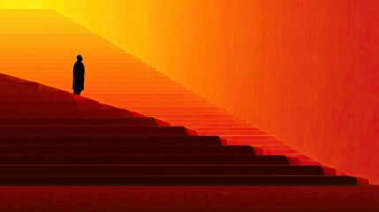 Obraz premium Silhouette ascends a bright, geometric staircase bathed in warm, fiery light
