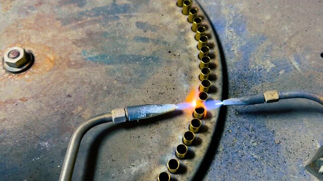 Industrial machinery annealing brass bullet casings with a hot gas torch flame in a specialized ammunition factory, preparing the metal for the next step of the manufacturing process