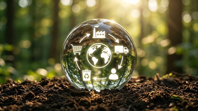 A transparent glass sphere representing life cycle assessment and business value chain sustainability.