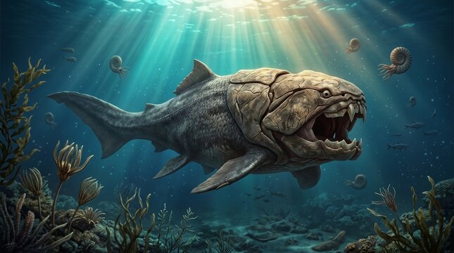 A huge Dunkleosteus with heavy armor plating swims amidst ammonites and prehistoric sea life in a Devonian ocean setting.
