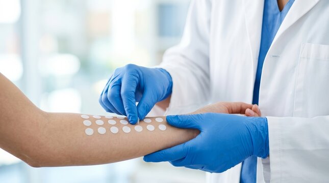 A doctor in blue gloves performs a skin allergy patch test on a patient.