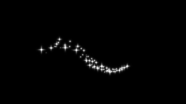 White glowing twinkle star glitter animation, cartoon doodle sparkle light trail with fairy dust burst, shining magic starry sky overlay, festive blinking effect on black screen background. 4k video