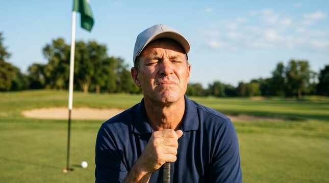 Man golfer showing disappointed facial expression on golf course green. Frustrated player holding golf club during game. Sports failure, competition emotion and recreational golf activity.