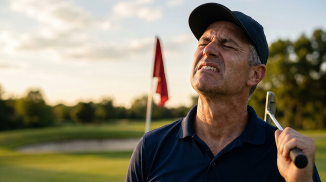 Man golfer showing expression of disappointment and frustration after bad putt on golf course. Professional athlete reacting to missed shot during competition. Sport emotion and failure.