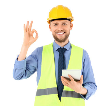 Male engineer with tablet computer showing OK on white background