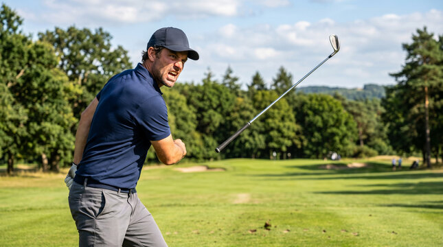 Man golfer throwing club in anger on golf course. Frustrated athlete reacting to bad golf shot. Sports emotion and negative reaction during golf competition. Failed game performance, fail.