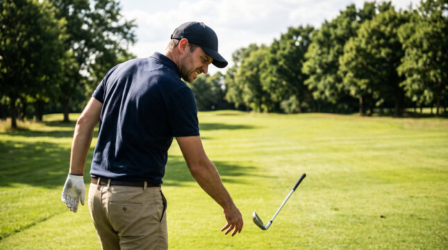 Frustrated man golfer throwing golf club on fairway after bad shot. Emotional athlete feeling disappointment and anger during golf competition. Sport failure and bad performance concept.