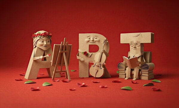A whimsical portrayal of ART constructed from sculpted figures and objects, each letter representing a different artistic discipline on a vibrant red background.