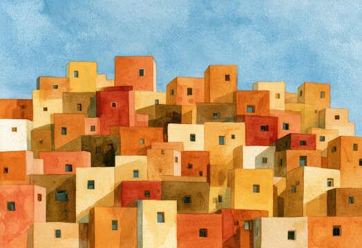 A dense cluster of colorful, cubical buildings with small dark windows against a blue sky