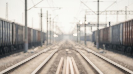Fototapeta premium Railway tracks stretch into the distance, surrounded by freight train cars on a foggy day.