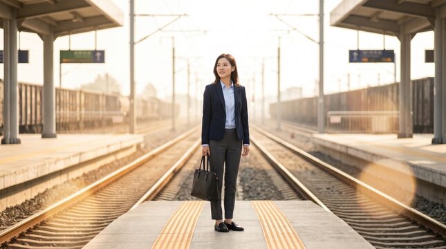 Businesswoman stands on a train station platform between parallel tracks and covered structures, facing forward in soft backlight with a balanced composition and a calm professional mood.