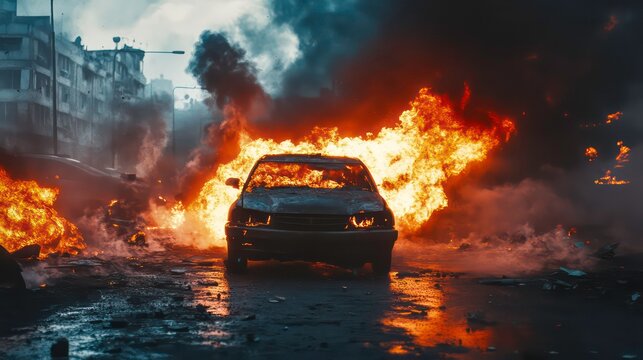 Apocalypse, fire and explosion with car in city for disaster, accident and damage, Danger, smoke and ai generated with burning vehicle in road for smoke catastrophe, armageddon and emergency