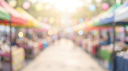 Fototapeta premium Blurred rows of bright market tents recede along a sunlit pedestrian lane, creating a soft abstract background with strong copy space and colorful bokeh.