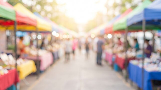 Blurred outdoor market aisle recedes between rows of bright canopy tents and vendor tables, creating an abstract background with strong perspective and generous copy space.