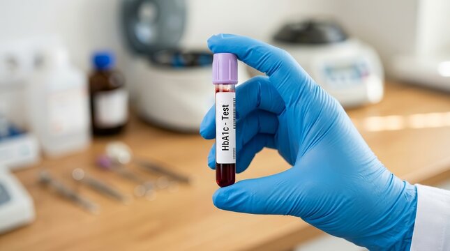 A gloved hand holding a blood sample tube for HbA1c glycated hemoglobin testing.