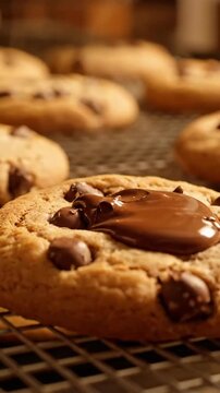 Soft chocolate chip cookies moving slowly on a cooling rack conveyor in bakery