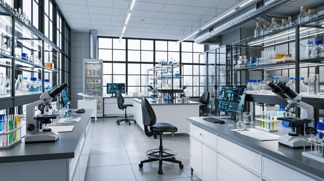 Modern research laboratory interior with natural daylight and scientific equipment