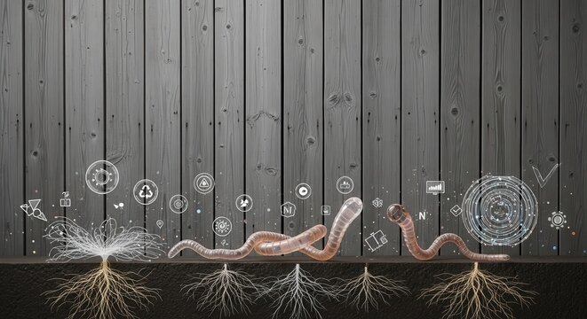 Conceptual Soil Optimization Matrix and Plant Roots on Weathered Gray Barn Wood