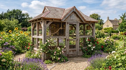 Fototapeta premium Ornate Wooden Garden Aviary and Birdhouse in a Blooming Summer Flower Garden with Roses and Lavender, Peaceful Backyard Sanctuary with Country Stone Cottage Background