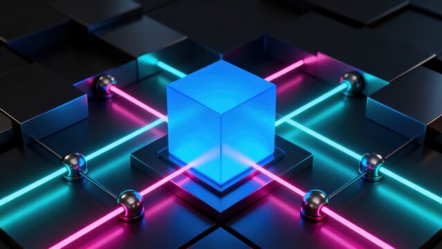 Blue cube with glowing lines on dark surface