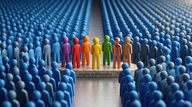 The Spectrum of Inclusion: A vibrant display of diversity as seven distinct figures stand out in a rainbow of colors amidst a sea of blue individuals.