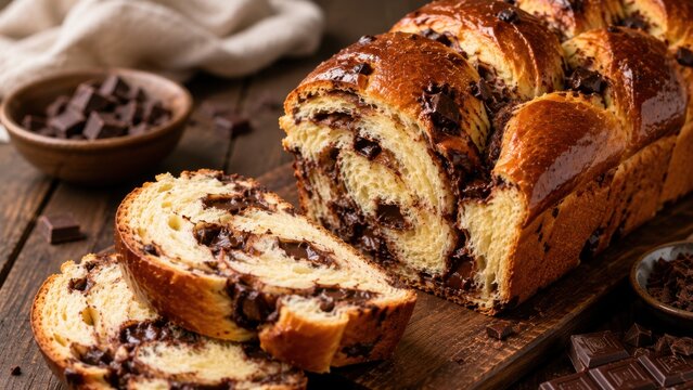 Freshly Baked Chocolate Babka Bread with Rich Chocolate Filling on Rustic Wooden Table