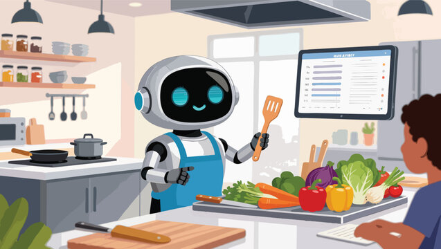 Friendly robot chef assisting a person in a modern kitchen with fresh vegetables and a tablet display.
