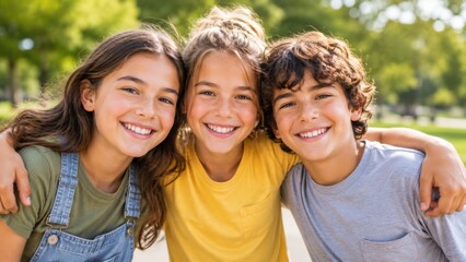 Fototapeta premium Happy Teen Friends Smiling Together Outdoors in Sunny Park Portrait