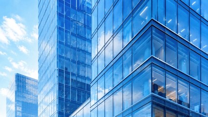 Obraz premium Modern Glass Office Towers with Reflective Blue Facades in Business District