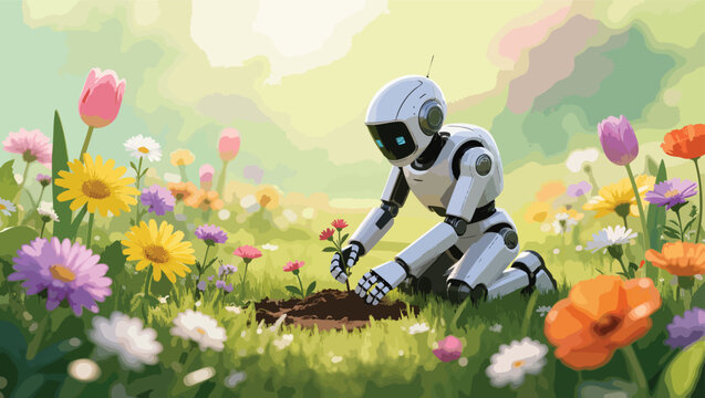 Robot carefully planting a small flower in a vibrant spring meadow robot android.