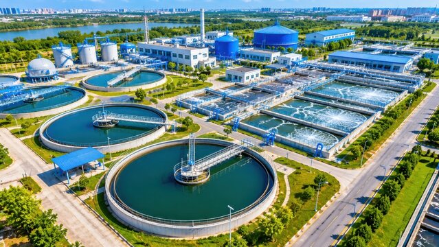 Modern Wastewater Treatment Plant with Clarifiers and Water Purification Infrastructure Aerial View