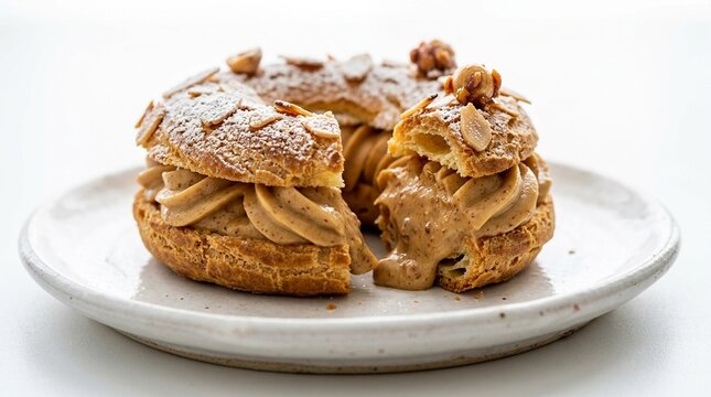Paris-Brest Ring Split Open Praline Cream | French Choux Pastry | White Plate | Commercial Stock