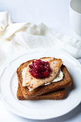 Open Sandwich with leftover turkey slices with cranberry sauce on top. Perfect holiday breakfast or lunch © manuta