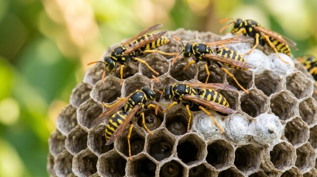 Yellowjackets or wasps busy on their paper honeycomb nest in nature.