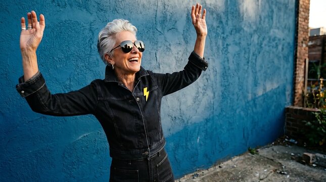 Joyful senior woman in stylish denim jacket laughing with arms raised