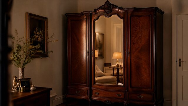 Vintage wooden armoire with ornate mirror, polished surface in warm golden light.