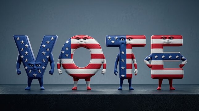 VOTE with Character: Four anthropomorphic letters spelling VOTE, each adorned with the Stars and Stripes, stand ready to represent the voice of the people in a bold and patriotic display.