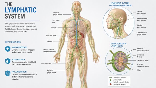 Detailed Medical Illustration of Human Lymphatic System Anatomy and Functions